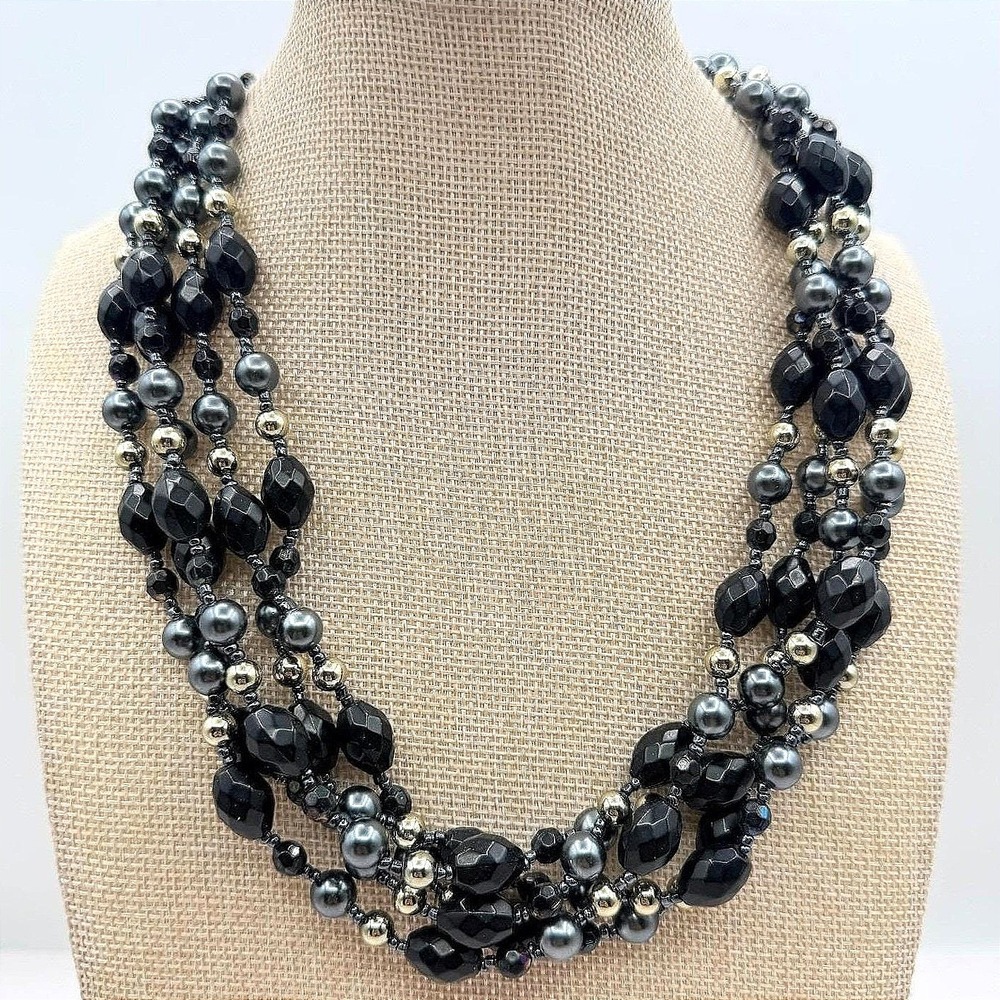 Vintage 90s Multi Strand Black Glass Bead Necklace Gray Faux Pearl Statement